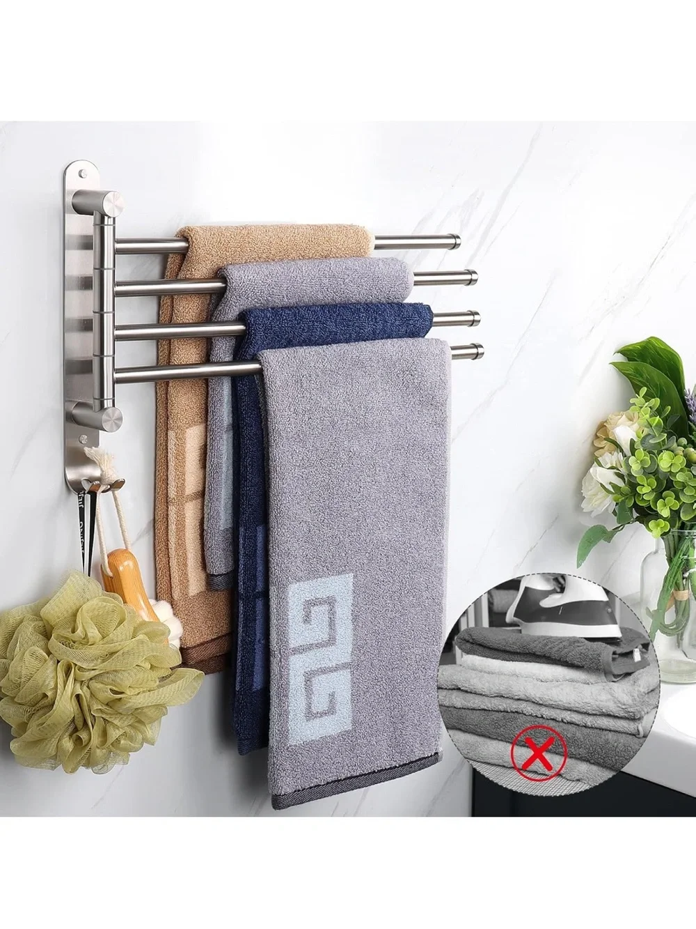 Stainless Steel 4-Arm Swivel Towel Rack with Hooks - Brushed Nickel